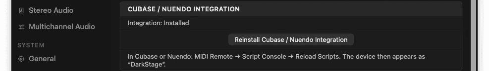 The Cubase integration card in DarkStage showing the install button
