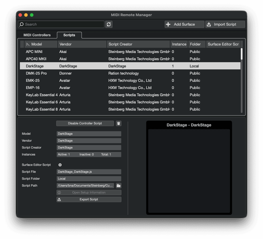 Cubase MIDI Remote showing the DarkStage device
