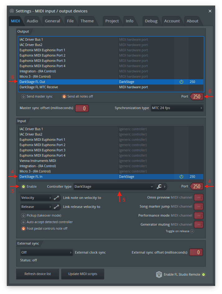 FL Studio MIDI settings with the DarkStage FL In and FL Out ports configured on port 250
