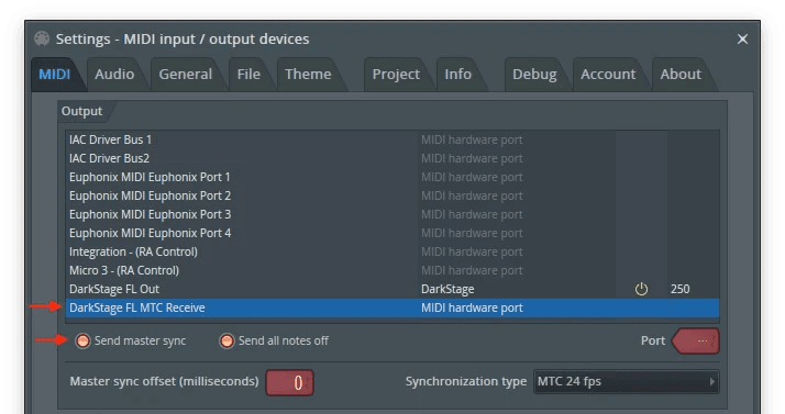 FL Studio MIDI settings output list with DarkStage FL MTC Receive set to send master sync as MTC