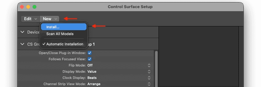 Logic Pro Control Surfaces Setup window with the DarkStage HUI ports assigned