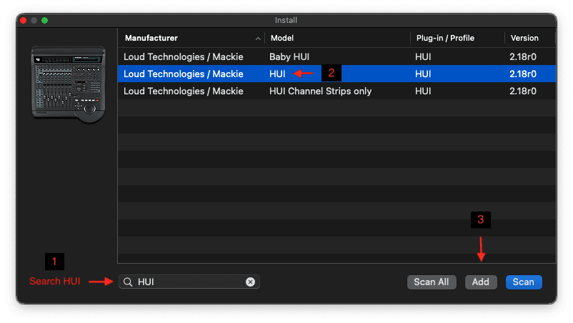 Logic Pro device browser with HUI searched and selected