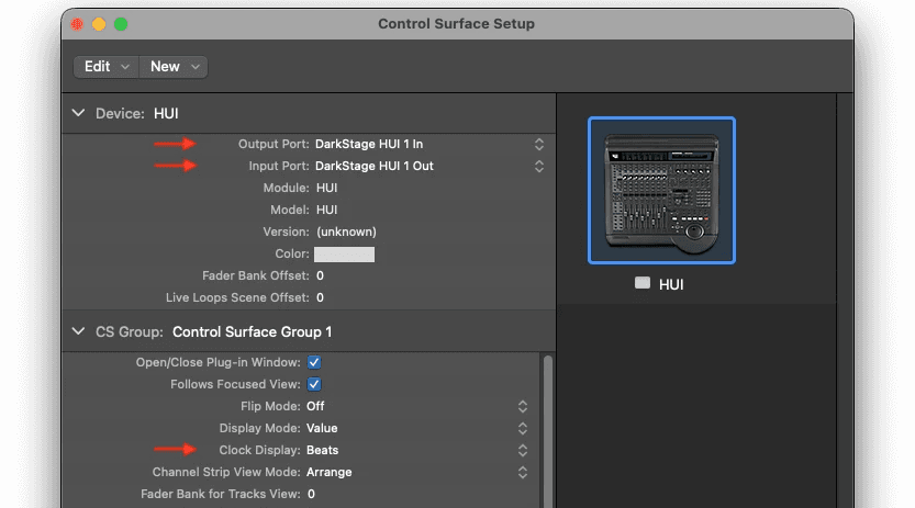 DarkStage DAW Sync settings with Clock Display set to Beats