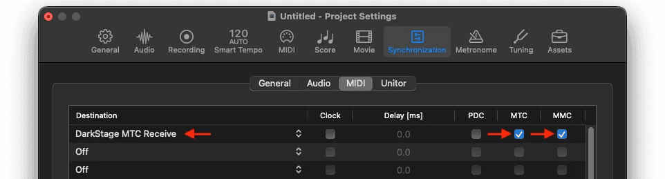 Logic Pro Project Settings Synchronization MIDI tab with DarkStage MTC Receive as the destination