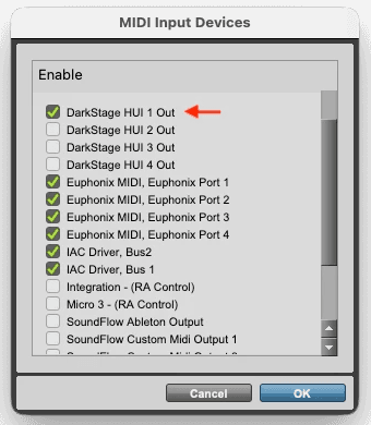Pro Tools MIDI Input Devices with DarkStage HUI 1 In ticked