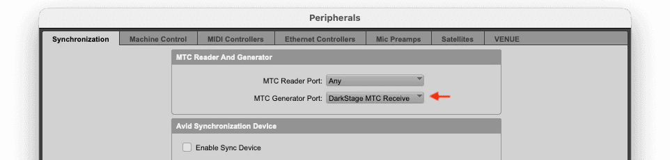 Pro Tools Peripherals Synchronization tab with MTC Generator Port set to DarkStage MTC Receive