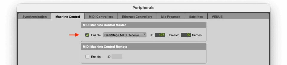 Pro Tools Peripherals Machine Control tab with MIDI Machine Control enabled for DarkStage MTC Receive