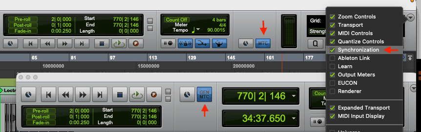 GEN MTC highlighted in the Pro Tools Transport window