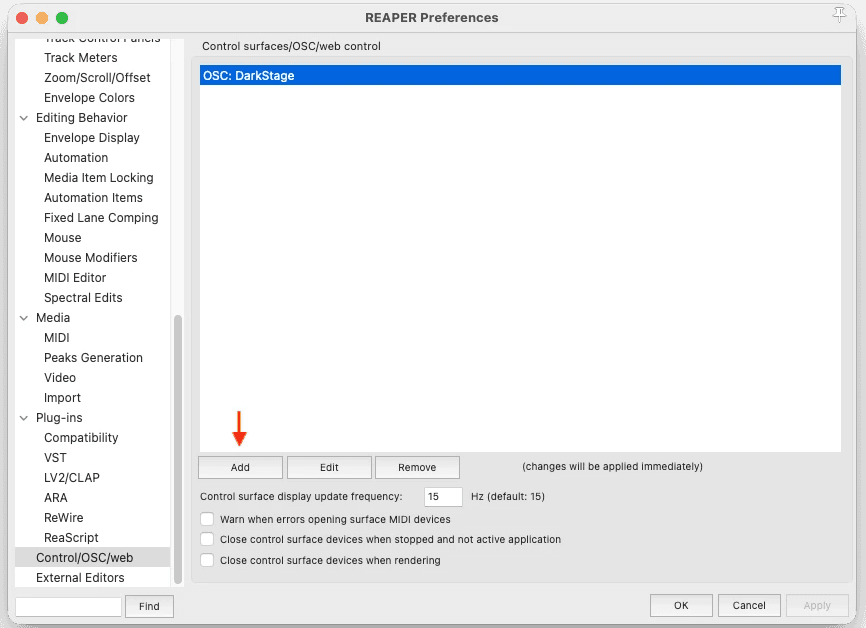 REAPER Preferences Control/OSC/web page with the Add button