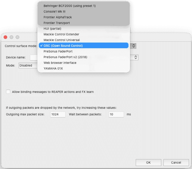 REAPER control surface mode list with OSC (Open Sound Control) selected