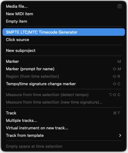 REAPER insert menu showing the SMPTE LTC/MTC Timecode Generator