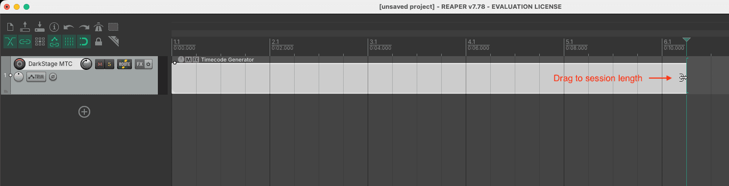 The timecode generator item stretched across the REAPER timeline