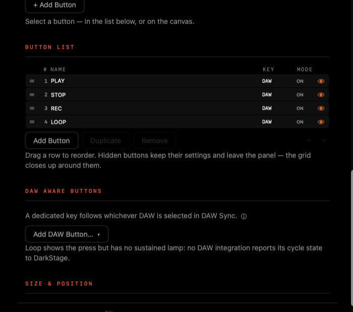 Button List with Play, Stop, Rec and Loop, plus DAW Aware Buttons