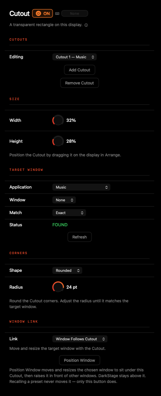 Cutout settings: Editing, Size, Target Window, Corners and Window Link