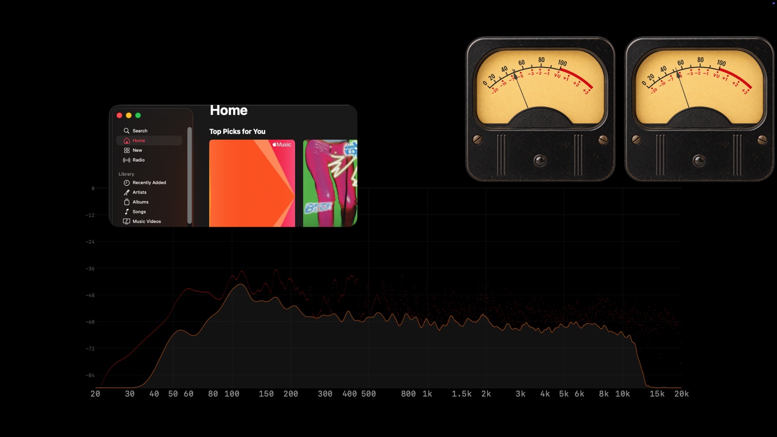 A blacked-out display with a rounded Cutout showing the Music app, needle VU meters and a spectrum analyser around it