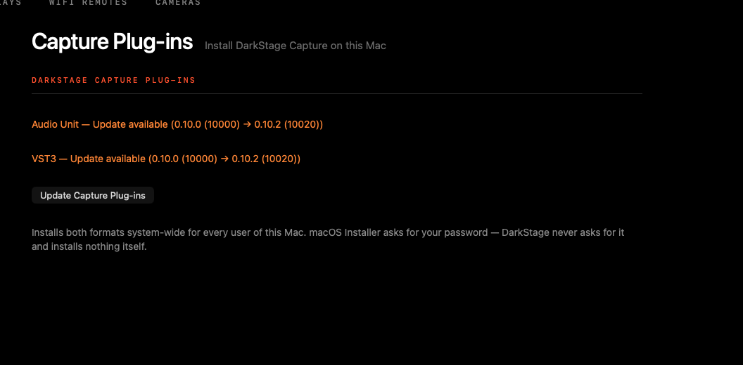 Settings ▸ Capture Plug-ins showing installed formats and an Update button