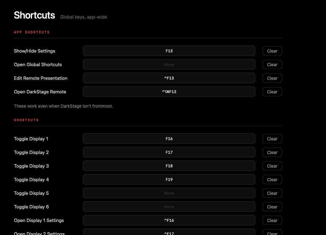 Shortcuts page listing app and per-display shortcuts