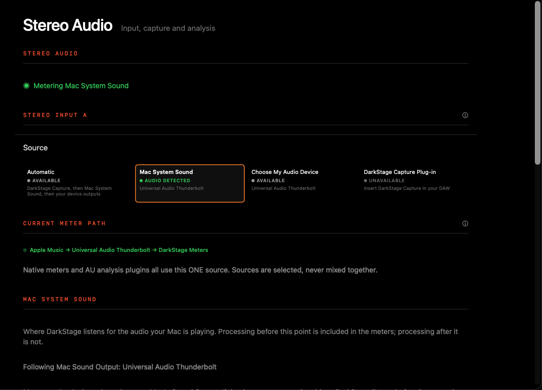 Stereo Audio page metering Mac System Sound with audio detected