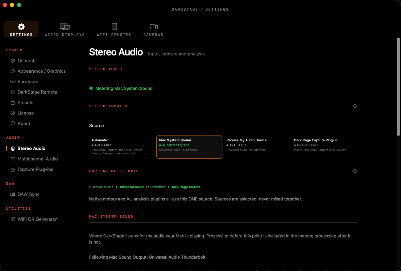 The DarkStage app window showing the four tabs: Settings, Wired Displays, WiFi Remotes and Cameras